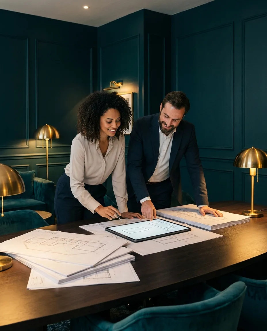 Two business professionals reviewing printed wireframes and a tablet together in a teal-panelled meeting room