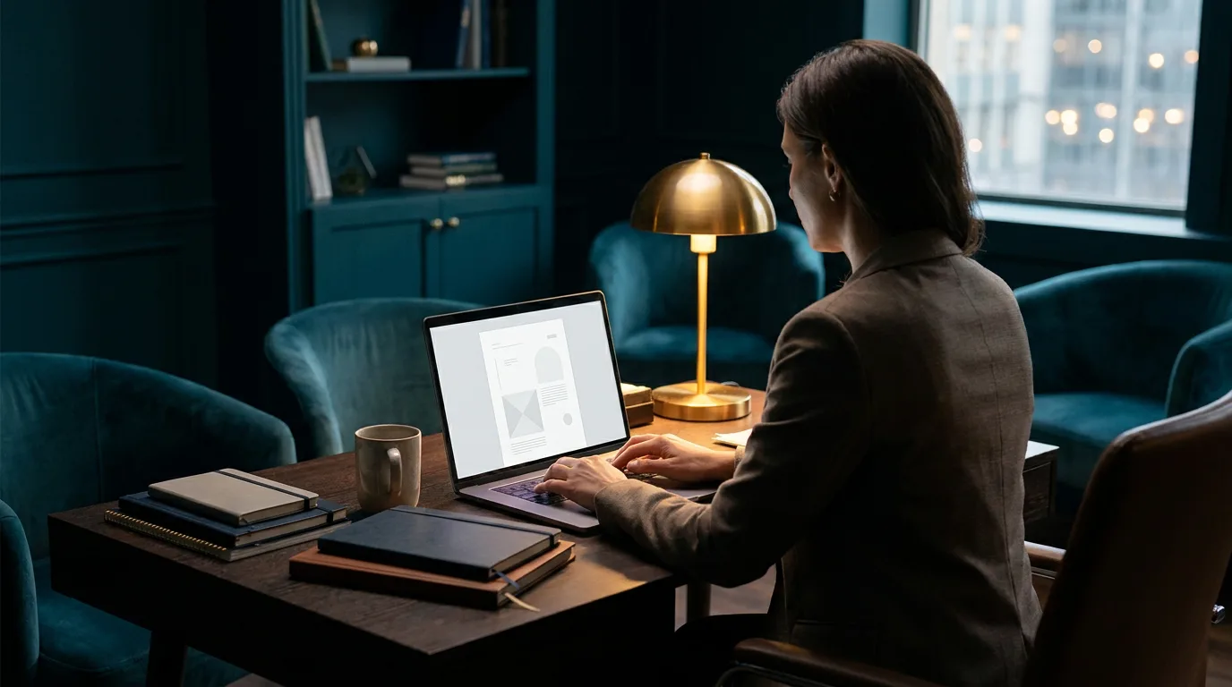 Professional working at a laptop in a dark elegant office lit by a warm gold desk lamp