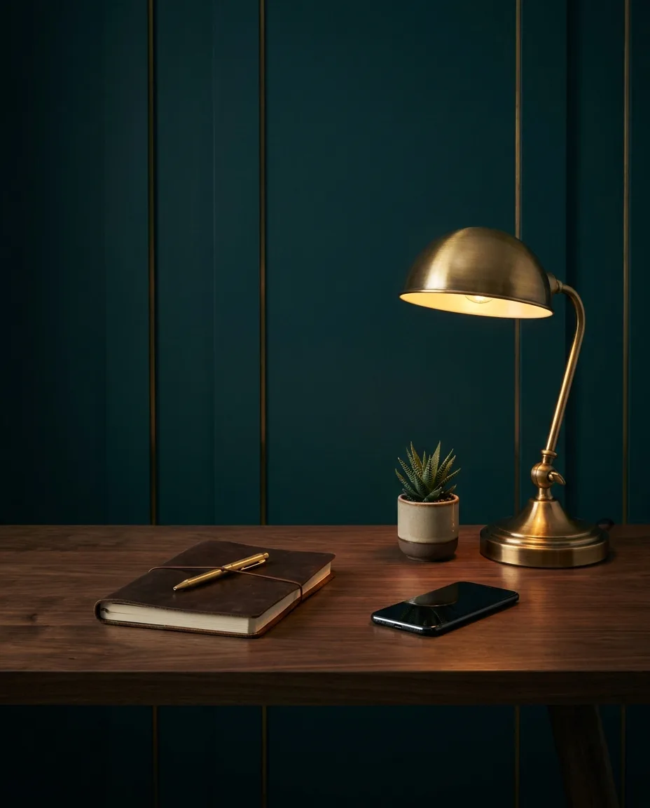 Elegant creative workspace with a notebook, gold pen and warm desk lamp against a deep teal wall