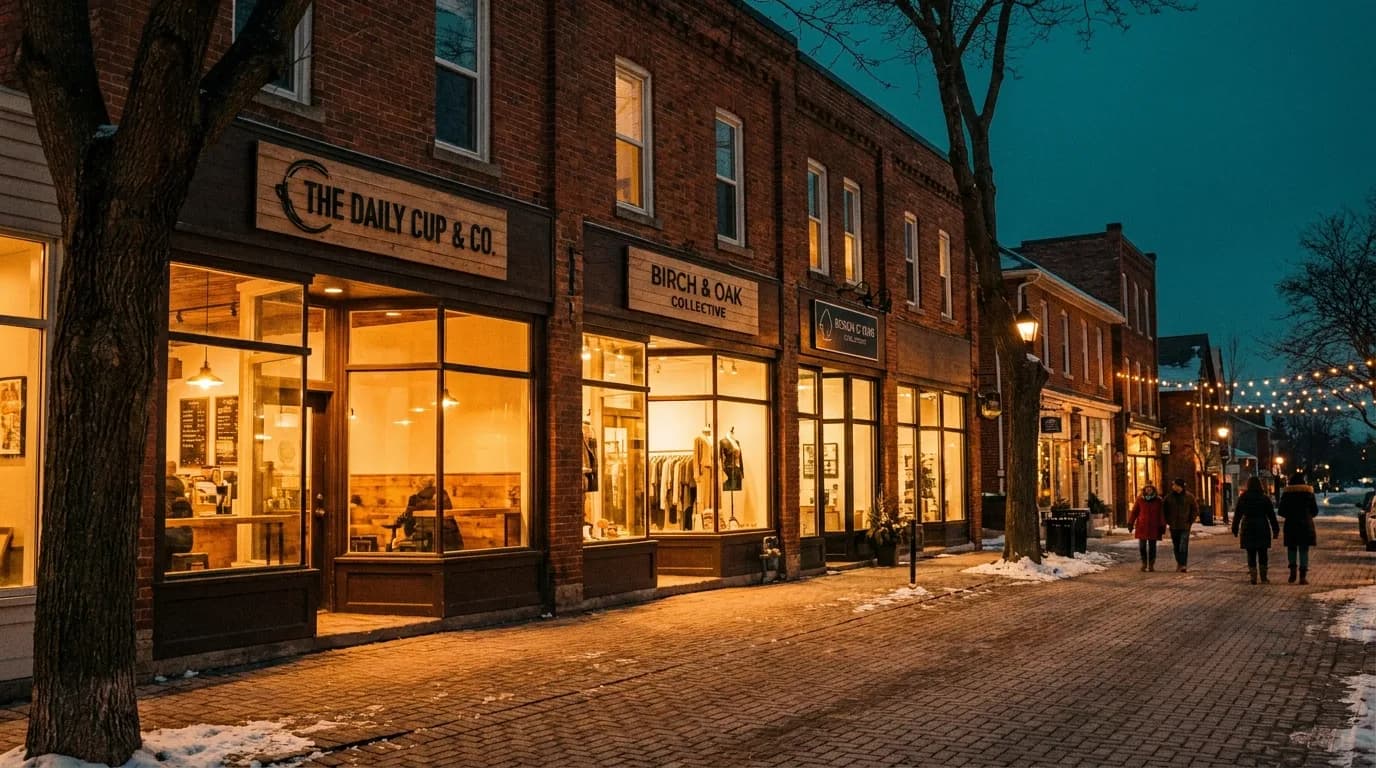 Warmly lit small-business storefronts on a Canadian street at dusk under a teal evening sky