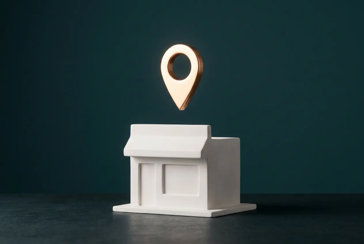 Miniature white storefront model with a gold map pin floating above it on a teal background