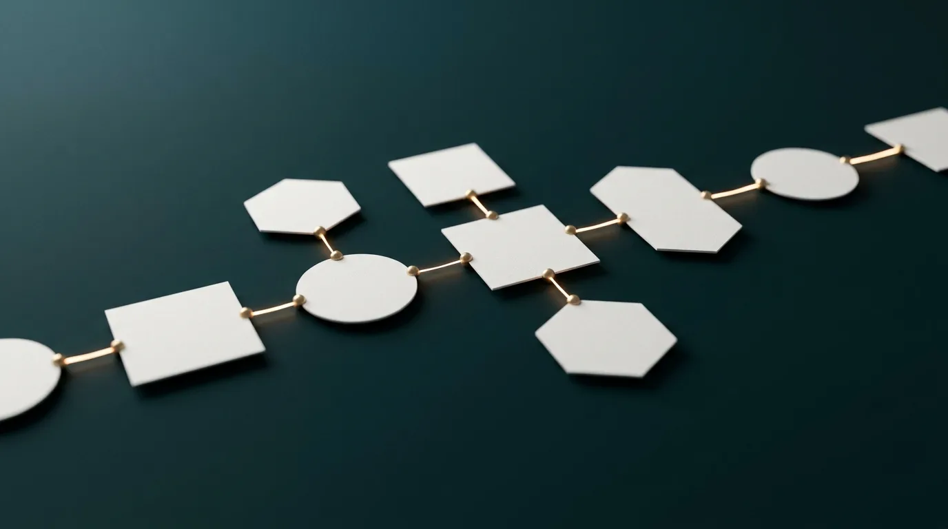 White cards connected left to right by glowing gold lines representing an automated business workflow