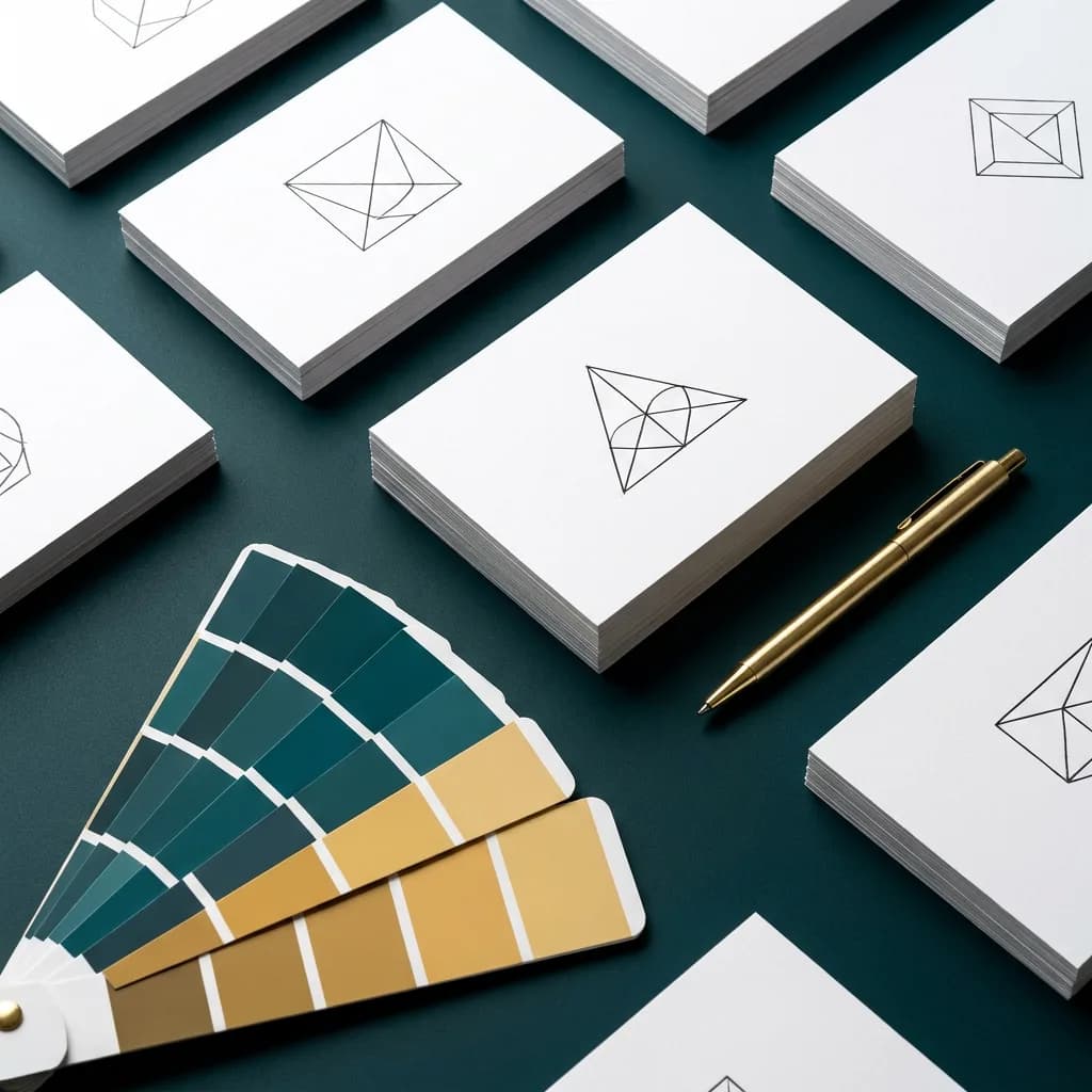 Brand designer's workspace with white cards, teal and gold colour swatches and a fine gold pen