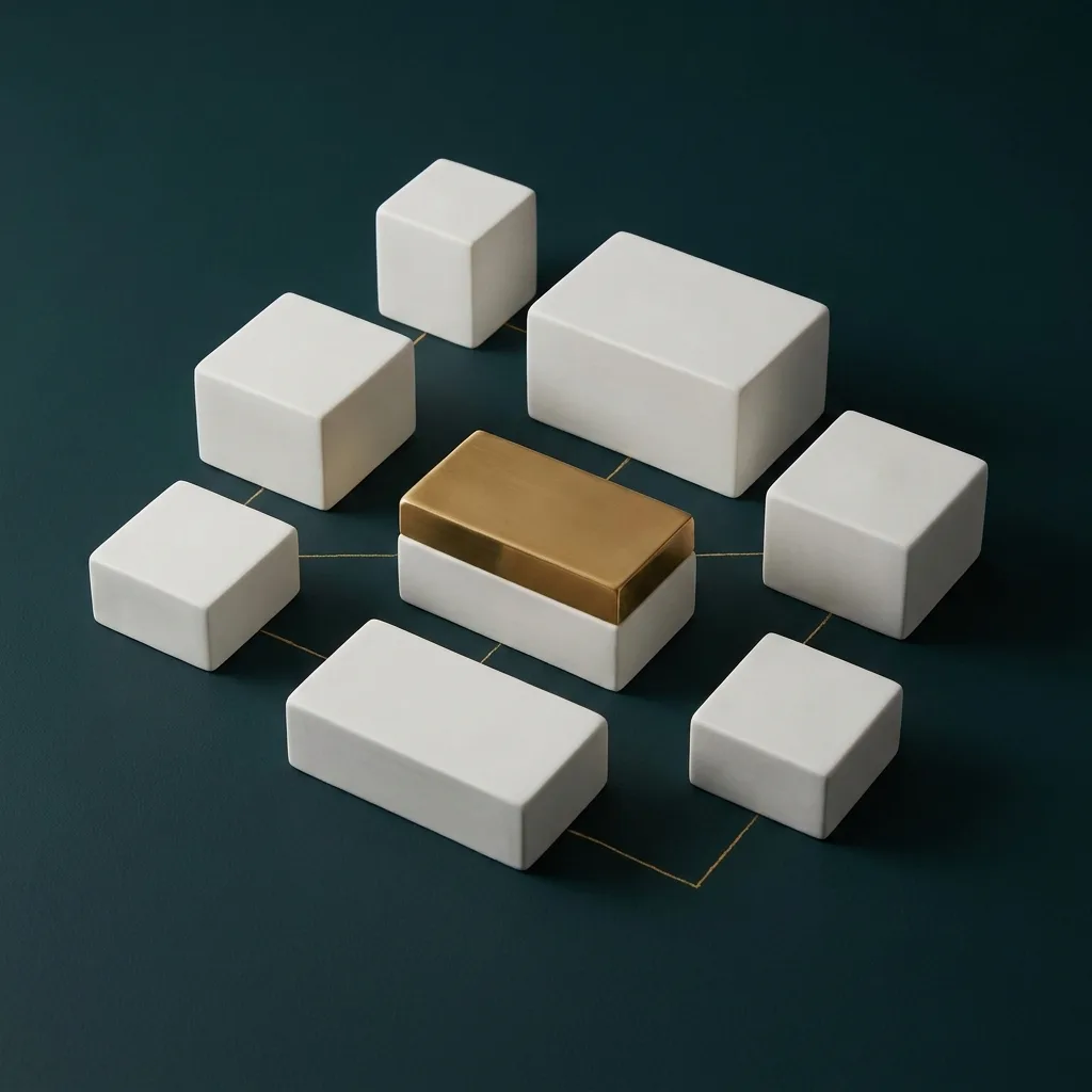 Chessboard-inspired arrangement of white geometric blocks with one gold-topped piece and gold connecting lines