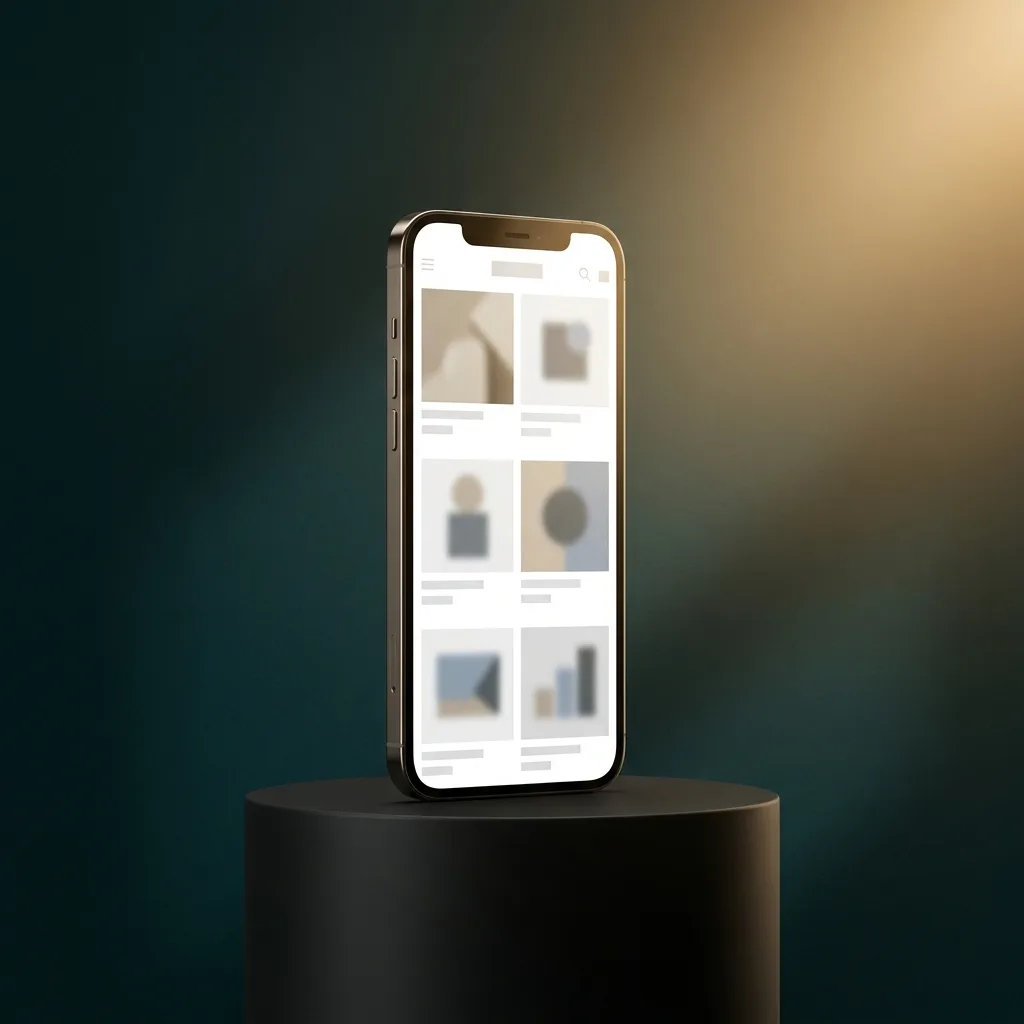 Smartphone on a dark pedestal showing a minimalist e-commerce product grid in a teal studio