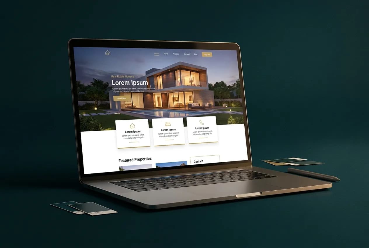 Laptop showing a refined real-estate website concept with a luxury house photographed at dusk