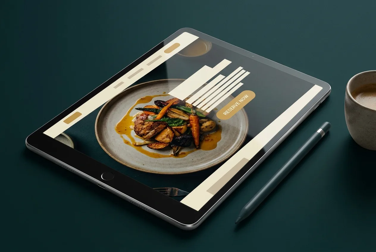 Tablet showing a warm restaurant website concept with plated dish photography and a gold reservation button
