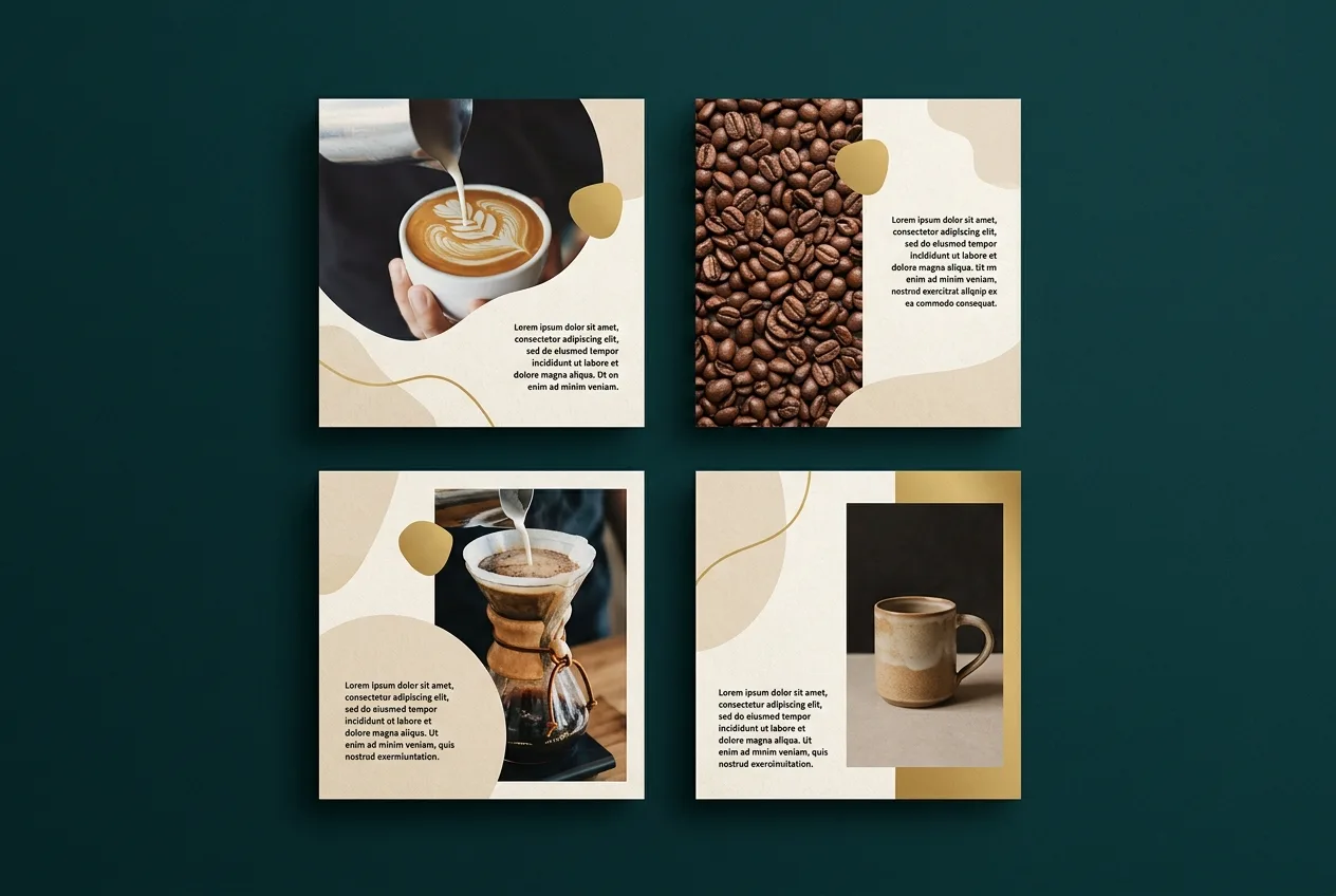 Grid of four printed social media post designs for an artisan coffee brand on a teal surface
